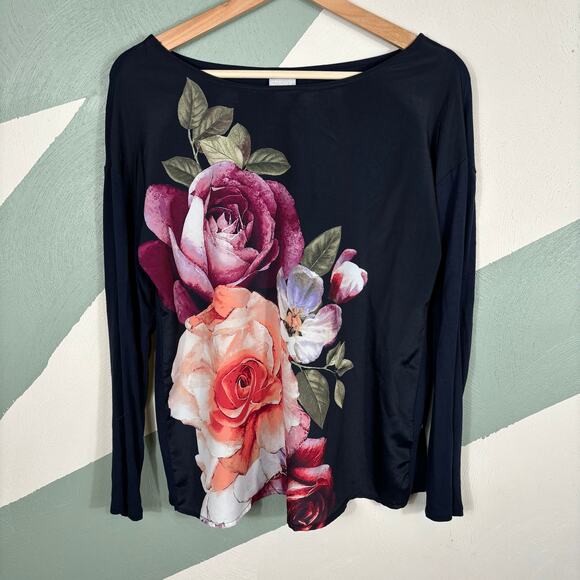 Chico's Top Women Size Small Navy Blue Scoopneck Floral Print Lightweight Comfy - Picture 8 of 9